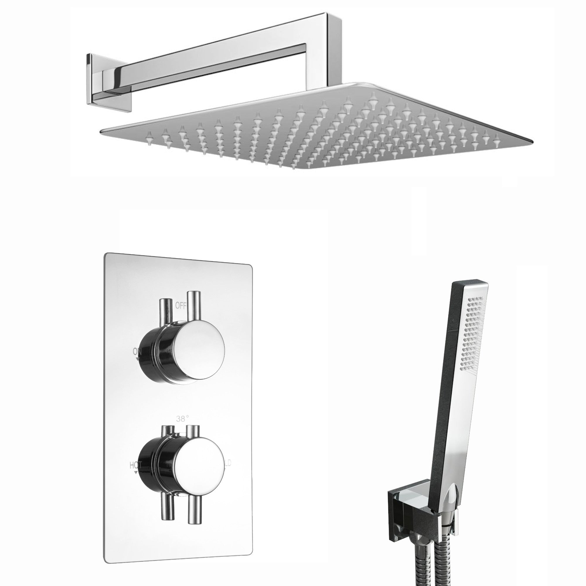 Naples Square Concealed Thermostatic Shower Set Incl. Twin Valve, Wall Fixed 8" Shower Head, Handset Kit - Chrome (2 Outlet)